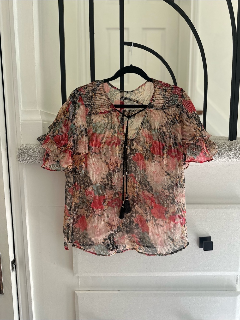 Sheer Floral Ruffle Sleeve Blouse - Pink Multi